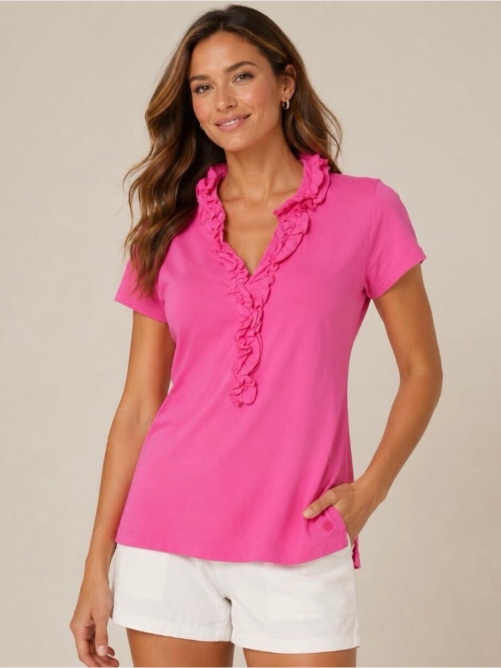 Lilly Pullitzer Luxletic Bright Pink Ruffle V-Neck Women's Top size L